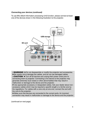 Page 7
5
ENGLISH

Connecting your devices (continued)
To use MIU (Multi Information processing Unit) function, please connect at least 
one of the devices drawn in the following illustration to the projector.
SD CARD
LAN
WARNING  ►Do not disassemble or modify the projector and accessories.
►Be careful not to damage the cables, and do not use damaged cables.
CAUTION  ►Turn off all devices and unplug their power cords prior to 
connecting them to projector. Connecting a live device to the projector may 
generate...