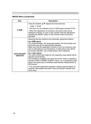 Page 42
30

Multifunctional settings
ItemDescription
H SIZE
Using the buttons ▲/▼ adjusts the horizontal size.
Large  Small
• This item can be selected only at a RGB signal (except DVI-D).
• When this adjustment is excessive, the picture may not be 
displayed correctly. In such a case, please reset the adjustment 
pressing the RESET button on the remote control during this 
operation.
AUTO ADJUST 
EXECUTE
Selecting this item performs the automatic adjustment feature.
At a RGB signalThe vertical position, the...