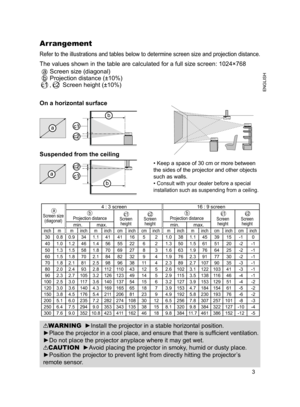 Page 3
3
ENGLISH

On a horizontal surface
Suspended from the ceiling
• Keep a space of 30 cm or more between 
the sides of the projector and other objects 
such as walls.
• Consult with your dealer before a special 
installation such as suspending from a ceiling.
WARNING  ►Install the projector in a stable horizontal position.
►Place the projector in a cool place, and ensure that there is sufficient ventilation.
►Do not place the projector anyplace where it may get wet.
CAUTION  ►Avoid placing the projector in...