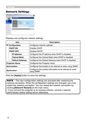 Page 97


Settings
Network Settings
Displays and configures network settings.
Click the [Apply] button to save the settings.
• The new configuration settings are activated after restarting the 
network connection. When the configuration settings are changed, you must 
restart the network connection. You can restart the network connection by 
clicking [Network Restart] on the main menu.
• If you connect the projector to an existing network, consult a netw\
ork 
administrator before setting server...