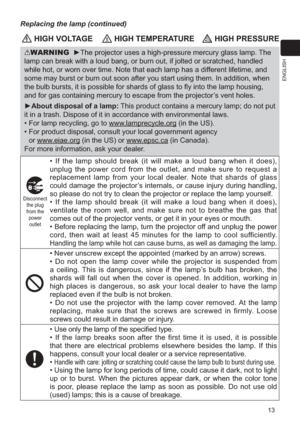 Page 1313
ENGLISH
 HIGH VOLTAGE HIGH TEMPERATURE HIGH PRESSURE
WARNING  ►The projector uses a high-pressure mercury glass lamp. The 
lamp can break with a loud bang, or burn out, if jolted or scratched, ha\
ndled 
while hot, or worn over time. Note that each lamp has a different lifetime, and 
some may burst or burn out soon after you start using them. In addition,\
 when 
the bulb bursts, it is possible for shards of glass to ﬂy into the la\
mp housing, 
and for gas containing mercury to escape from the...