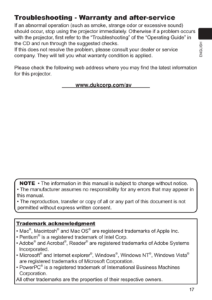 Page 1717
ENGLISH
Troubleshooting - Warranty and after-ser vice
If an abnormal operation (such as smoke, strange odor or excessive soun\
d) 
should occur, stop using the projector immediately. Otherwise if a problem occurs 
with the projector, ﬁrst refer to the “Troubleshooting” of the “Operating Guide” in 
the CD and run through the suggested checks. 
If this does not resolve the problem, please consult your dealer or serv\
ice 
company. They will tell you what warranty condition is applied.
Please check the...