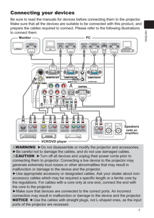 Page 77
ENGLISH
       Y       CB/PB     CR/PRCOMPONENT VIDEO OUT L  R
 
AUDIO OUTVIDEO OUT L  R
 
AUDIO OUT
AUDIO OUTRGB OUTAUDIO OUTRGB OUTRS-232CRGB IN
 L  R
 
AUDIO OUTS-VIDEO OUT
USB
 L  R
    AUDIO IN
Connecting your devices
Be sure to read the manuals for devices before connecting them to the pr\
ojector. 
Make sure that all the devices are suitable to be connected with this pr\
oduct, and 
prepare the cables required to connect. Please refer to the following il\
lustrations 
to connect them.
VCR/DVD...