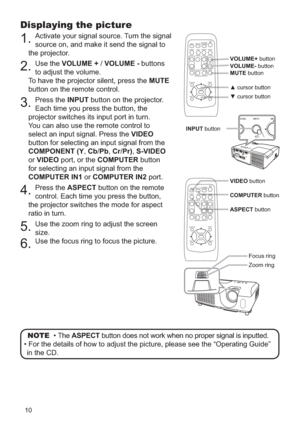 Page 1010
Displaying the picture
1. Activate your signal source. Turn the signal 
source on, and make it send the signal to 
the projector.
2. Use the VOLUME + / VOLUME - buttons 
to adjust the volume.  
To have the projector silent, press the  MUTE 
button on the remote control.
3. Press the INPUT button on the projector.  
Each time you press the button, the 
projector switches its input port in turn.
You can also use the remote control to 
select an input signal. Press the  VIDEO 
button for selecting an...