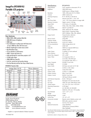 Page 2Specifications              8924HW-RJ
Image Element             0.63” polysilicon active-matrix TFT x3
Brightness  3000 ANSI lumens
  (2400 lumens in Whisper Mode)
Resolution  1280 x 800 pixels (H X V), WXGA
Contrast  2000:1 (Active Iris)
Scanning Frequency  fh 15 -106 kHz, fv 50-120 Hz
Lens  Manual zoom (F2.3 – 2.5), 1.2X
Lens Throw Ratio  1.46 –1.75:1 throw distance to image width
Keystone Correction  Digital, vertical +/-30 deg
Aspect Ratio  16:10 native, 4:3 selectable, 
Computer    SVGA, VGA, XGA,...