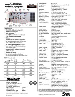 Page 2Specifications               8927HW-RJ
Image Element           0.63” polysilicon active-matrix TFT x3
Brightness  3000 ANSI lumens
  (2400 lumens in Eco Mode)
Resolution  1280 X 800 pixels (H x V) WXGA
Contrast  3,000:1 with active iris
Scanning Frequency  fh 15 -106 kHz, fv 50-120 Hz
Lens  Manual zoom (F2.3 – 2.5), 1.2X
Lens Throw Ratio  1.5 - 1.8 (throw distance to image width)
Keystone Correction  Digital, vertical +/-30 deg
Aspect Ratio  4:3, 16:9 selectable 
Computer    SVGA, VGA, XGA, SXGA, UXGA...