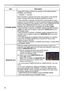 Page 4848
ItemDescription
STANDBY MODE Using ▲/▼ buttons switches the standby mode setting between 
NORMAL and SAVING. 
NORMAL  ó SAVING
When SAVING is selected, the power consumption in the standby 
mode is lowered with some functional restriction as below:
• When SAVING is selected, the RS-232C communication control 
except to turn the projector on and the network function are disabled 
while the projector is in the standby mode. If the COMMUNICATION 
TYPE in the COMMUNICATION menu is set to NETWORK 
BRIDGE,...