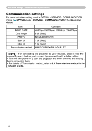 Page 1616
Communication settings 
For communication setting, use the OPTION - SERVICE - COMMUNICATION 
menu. (
&OPTION menu - SERVICE - COMMUNICATION in the Operating 
Guide )
Item Condition
BAUD RATE 4800bps / 9600bps / 19200bps / 38400bps Data length 8 bit (fixed) PARITY NONE/ODD/EVENStart bit 1 bit (fixed)Stop bit 1 bit (fixed)
Transmission method HALF-DUPLEX /FULL-DUPLEX
NOTE  • For  connecting  the  projector  to  your  devices,  please  read  the 
manual for each devices, and connect them correctly with...