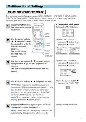 Page 2321
Multifunctional Settings Multifunctional Settings
Using The Menu Functions
This projector has the following menus: MAIN, PICTURE-1, PICTURE-2, INPUT, AUTO,
SCREEN, OPTION and NETWORK. Each of these menus is operated using the same
methods. The basic operations of these menus are as follows.
Press the MENU button.
The menu will appear on
the screen.
Use the cursor buttons
/to select a menu,
then press the (or the
ENTER) button to
progress.
The display of the
selected menu will
appear.
Use the cursor...