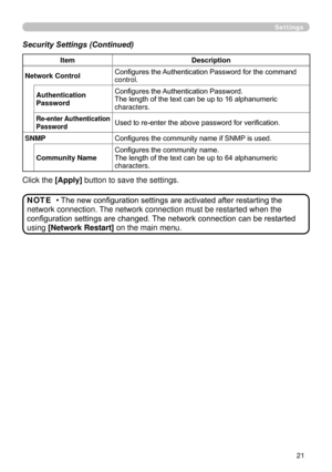 Page 113


Click the [Apply] button to save the settings.
Authentication Password
Configures the Authentication Password.The length of the text can be up to 16 alphanumeric characters.
Re-enter Authentication PasswordUsed to re-enter the above password for verification.
SNMPConfigures the community name if SNMP is used.
Community NameConfigures the community name.The length of the text can be up to 64 alphanumeric characters.
• The new configuration settings are activated after restarting the 
network...