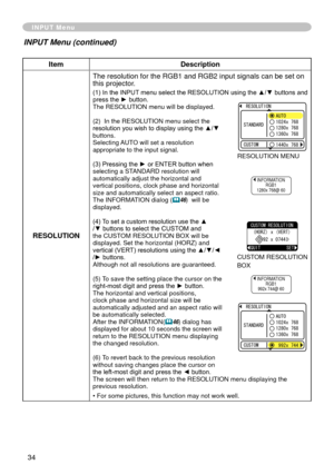 Page 36
34

INPUT Menu
ItemDescription
RESOLUTIONThe resolution for the RGB   and RGB   input signals can be set on 
this projector.
(1) In the INPUT menu select the RESOLUTION using the ▲/▼ buttons and press the ► button.The RESOLUTION menu will be displayed.
(
 )  In the RESOLUTION menu select the 
resolution you wish to display using the ▲/▼ buttons. Selecting AUTO will set a resolution appropriate to the input signal.
(3) Pressing the ► or ENTER button when selecting a STANDARD resolution...