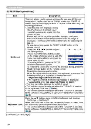 Page 42
40

SCREEN Menu
ItemDescription
MyScreen
This item allows you to capture an image for use as a MyScreen image which can be used as the BLANK screen and START UP screen. Display the image you want to capture before executing the following procedure.
.   Selecting this item displays a dialog 
titled “MyScreen”. It will ask you if you start capturing an image from the current screen.Please wait for the target image to be displayed, and press the ENTER button on the remote control when the image is...