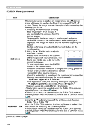 Page 40
40

SCREEN Menu
ItemDescription
MyScreen
This item allows you to capture an image for use as a MyScreen image which can be used as the BLANK screen and START UP screen. Display the image you want to capture before executing the following procedure.
1.  Selecting this item displays a dialog 
titled “MyScreen”. It will ask you if you start capturing an image from the current screen.Please wait for the target image to be displayed, and press the ENTER button on the remote control when the image is...