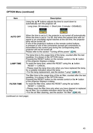 Page 43
43

OPTION Menu
ItemDescription
AUTO OFF
Using the ▲/▼ buttons adjusts the time to count down to automatically turn the projector off.
Long (max. 99 minutes) ó Short (min. 0 minute = DISABLE)
When the time is set to 0, the projector is not turned off automatically.When the time is set to 1 to 99, and when the passed time with no-signal or an unsuitable signal reaches at the set time, the projector lamp will be turned off. If one of the projector's buttons or the remote control buttons is pressed or...