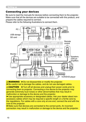 Page 10
0

Setting up
Connecting your devices
Be sure to read the manuals for devices before connecting them to the projector . 
Make sure that all the devices are suitable to be connected with this product, and 
prepare the cables required to connect.
Please refer to the following illustrations to connect them.
►Do not disassemble or modify the projector.
►Be careful not to damage the cables, and do not use damaged cables.
WARNING
►Turn off all devices and unplug their power cords prior to 
connecting...