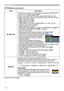 Page 44
44

OPTION Menu
ItemDescription
MY BUTTON
This item is to assign one of the following function to MY BUTTON 1 and 2 on the remote control (6).Choose 1 or 2 on the MY BUTTON menu using the ◄/► button first. Then using the ▲/▼ buttons sets one of the following functions to the chosen button.• RGB1: Sets port to RGB1.• RGB2: Sets port to RGB2.• HDMI: Sets port to HDMI.• COMPONENT: Sets port to COMPONENT (Y, CB/PB, Cr/Pr).• S-VIDEO: Sets port to S-VIDEO.• VIDEO: Sets port to VIDEO.
•  INFORMATION:...