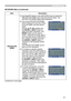 Page 57
57

NETWORK Menu
NETWORK Menu (continued)
ItemDescription
PROJECTOR NAME(1)   Use the▲/▼ buttons on the NETWORK menu to select the 
PROJECTOR NAME menu and press the ► button. The PROJECTOR NAME dialog will be displayed.
(2) 
 
The current PROJECTOR NAME 
will be displayed on the first 3 lines. If not yet written, the lines will be blank. Use the ▲/▼/◄/► buttons and the ENTER or INPUT button to select and enter characters. The RESET button can be used to erase 1 character at a time. Also if you move the...