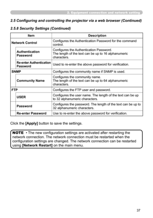 Page 131


2. Equipment connection and network setting
Click the [Apply] button to save the settings.
Authentication Password
Configures the Authentication Password.The length of the text can be up to 16 alphanumeric characters.
Re-enter Authentication PasswordUsed to re-enter the above password for verification.
SNMPConfigures the community name if SNMP is used.
Community NameConfigures the community name.The length of the text can be up to 64 alphanumeric characters.
• The new configuration settings...