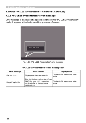 Page 160


4.2.5 “PC-LESS Presentation” error message
Error message is displayed at a specific condition while “PC-LESS Presentation” 
mode. It appears at the bottom and the gray area of screen.
Fig. 4.2.5 “PC-LESS Presentation” error message
4.2 Utilize “PC-LESS Presentation” – Advanced - (Continued)
“PC-LESS Presentation” error message list
Error messageError contentDisplay mode
File not foundDisplayable file does not exist.Display in full screen and slide show
Illegal Playlist file
Play list file...