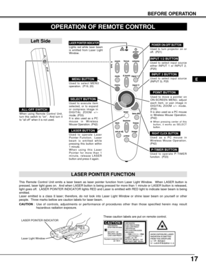 Page 1717
volume
power
focus
zoom
d.zoom
menumute
laser
keystoneblankfreeze
auto pc adj.image
p-timer
lock
input 1/2
input 3
lens shift
OPERATION OF REMOTE CONTROL
on
all off
ALL-OFF SWITCH
Left Side
When using Remote Control Unit,
turn this switch to “on”.  And turn it
to “all off” when it is not used.
This Remote Control Unit emits a laser beam as laser pointer function from Laser Light Window.  When LASER button is
pressed, laser light goes on.  And when LASER button is being pressed for more than 1 minute...