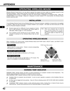 Page 4242
APPENDIX
OPERATING WIRELESS MOUSE
INSTALLATION
Wireless Remote Control Unit is not only able to operate this projector but also usable as a wireless mouse for most
Personal Computers.  POINT buttons and two CLICK buttons are used for wireless mouse operation.
This Wireless Mouse function is available only when PC mouse pointer is displayed on a projected screen.  When ON-
SCREEN MENU or any message / dialog box is displayed on screen instead of PC mouse pointer, this Wireless Mouse
function cannot be...