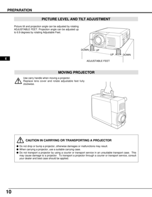 Page 1010
PREPARATION
CAUTION IN CARRYING OR TRANSPORTING A PROJECTOR
Do not drop or bump a projector, otherwise damages or malfunctions may result.
When carrying a projector, use a suitable carrying case.
Do not transport a projector by using a courier or transport service in an unsuitable transport case.  This
may cause damage to a projector.  To transport a projector through a courier or transport service, consult
your dealer and best case should be applied.
Use carry handle when moving a projector....