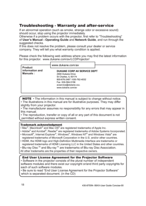 Page 1818
Troubleshooting - Warranty and after-ser vice
If an abnormal operation (such as smoke, strange odor or excessive sound) 
should occur, stop using the projector immediately. 
Otherwise if a problem occurs with the projector, ﬁrst refer to “Troubleshooting” 
of User’s Manual - Operating Guide  and Network Guide, and run through the 
suggested checks. 
If this does not resolve the problem, please consult your dealer or service 
company. They will tell you what warranty condition is applied.
Please check...