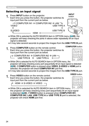 Page 2424
1.Press INPUT button on the projector. 
Each time you press the button, the projector switches its 
input port from the current port as below.
Selecting an input signal
●  While ON is selected for AUTO SEARCH item in OPTION menu (56), the 
projector will keep checking the ports in above order repeatedly till an input 
signal is detected.
● It may take several seconds to project the images from the USB TYPE B port.
               COMPUTER IN1  COMPUTER IN2  LAN 
    VIDEO...