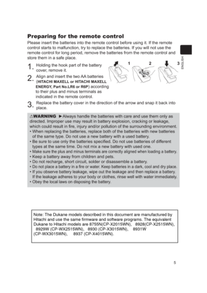 Page 55
ENGLISH
Preparing for the remote control
Please insert the batteries into the remote control before using it. If \
the remote  
control starts to malfunction, try to replace the batteries. If you will\
 not use the 
remote control for long period, remove the batteries from the remote con\
trol and 
store them in a safe place.
1. Holding the hook part of the battery 
cover, remove it.
2. Align and insert the two AA batteries 
(
HITACHI MAXELL or HITACHI MAXELL 
ENERGY, Part No.LR6 or R6P
) according 
to...