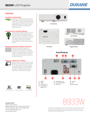 Page 2Input/Outputs
8933W
Left Profile
Right Profile
Top View
 
9106758
1243
1. HDMI2. Video3. Computer in 14.   Computer in 2/ 
Monitor Out 5.
 Kensington Lock6. Control (RS-232C)7. Audio Out
8. Audio In9. AC10. Security  Bar
Front View 
Intelligent Eco and Saver ModesAutomatically changes the brightness of the 
lamp according to the brightness level of 
the screen. Also, automatically changes the 
brightness of the lamp if there is no change 
in the screen image. Using ImageCare 
technology, these features...