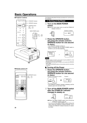 Page 2626
Basic Operations
nProjectorÕs buttons
nRemote control unit
MAIN POWER switch
The following describes the basic procedure for normal use of
the projector.
1Turn on the MAIN POWER
switch.
ON [ y ]:The main power turns on and the STAND BY
indicator comes on.
ProjectorÕs indicator
2Press the OPERATE button.
(Or press the remote controlÕs
OPERATE button for one second
or more.)
¥ The OPERATE indicator comes on.
¥ About 30 seconds after the MAIN POWER switch is
turned on, you can start projecting.
Notes
¥...