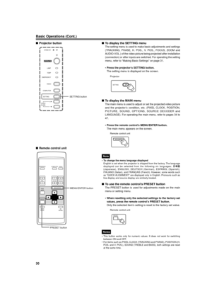 Page 3030
Basic Operations (Cont.)
nTo display the MAIN menu
The main menu is used to adjust or set the projected video picture
and the projectorÕs condition, etc. (PIXEL CLOCK, POSITION,
PICTURE, SOUND, OPTIONS, SOURCE DECODER and
LANGUAGE). For operating the main menu, refer to pages 34 to
47.
¥ Press the remote controlÕs MENU/ENTER button.
The main menu appears on the screen.
Notes
¥ This button works only for numeric values. It does not work for switching
between ON and OFF.
¥ For items such as PIXEL CLOCK...