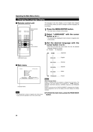 Page 3636
OPERATE
VOL.
PAGE
BACK
PRESET
ZOOMFOCUS
COMPUTERVIDEO
QUICK
ALIGN.AV
MUTING
WT
MENU/ENTER
MENU/ENTER
button
Cursor buttons
PAGE BACK button
Operating the Main Menu (Cont.)
Changing the Language Display
Language display
The language in the menu display is set to English when shipped
from the factory. When you want to change to another language, set
it as follows.
1Press the MENU/ENTER button.
¥ The main menu is shown on the screen.
2Select ÒLANGUAGEÓ with the cursor
button 5 or ¥.
¥ The selected item...