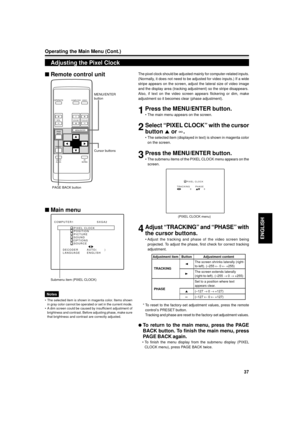 Page 3737
ENGLISH
OPERATE
VOL.
PAGE
BACK
PRESET
ZOOMFOCUS
COMPUTERVIDEO
QUICK
ALIGN.AV
MUTING
WT
MENU/ENTER
MENU/ENTER
button
Cursor buttons
PAGE BACK button
Operating the Main Menu (Cont.)
Adjusting the Pixel Clock
Submenu item (PIXEL CLOCK)
The pixel clock should be adjusted mainly for computer-related inputs.
(Normally, it does not need to be adjusted for video inputs.) If a wide
stripe appears on the screen, adjust the lateral size of video image
and the display area (tracking adjustment) so the stripe...