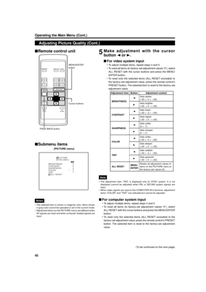 Page 4040
OPERATE
VOL.
PAGE
BACK
PRESET
ZOOMFOCUS
COMPUTERVIDEO
QUICK
ALIGN.AV
MUTING
WT
MENU/ENTER
MENU/ENTER
button
Cursor buttons
PAGE BACK button
Adjusting Picture Quality (Cont.)
Operating the Main Menu (Cont.)
5Make adjustment with the cursor
button 2 or 3.
nFor video system input
¥ To adjust multiple items, repeat steps 4 and 5.
¥ To reset all items (to factory-set adjustment values Ò0Ó), select
ALL RESET with the cursor buttons and press the MENU/
ENTER button.
¥ To reset only the selected items (ALL...
