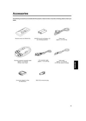 Page 55
ENGLISH
Remote control unit (RM-M10G) AAA/R03-size dry cell battery (´2)
(for checking operation)Power code
[approx. 2.5 m (8.2 ft)]
Personal computer connection cable
[approx. 2 m (6.56 ft)]
(D-sub, 3-row 15 pin)
Conversion adapter for Mac
(for Macintosh)Audio cable
[approx. 3 m (9.84 ft)]
(3.5 mm dia. stereo mini plug) AV connection cable
[approx. 1.5 m (4.92 ft)]
BNC-RCA conversion plug
Accessories
The following accessories are included with this projector. Check for them; if any item is missing,...