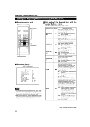 Page 4444
OPERATE
VOL.
PAGE
BACK
PRESET
ZOOMFOCUS
COMPUTERVIDEO
QUICK
ALIGN.AV
MUTING
WT
MENU/ENTER
MENU/ENTER
button
Cursor buttons
PAGE BACK button
Operating the Main Menu (Cont.)
Setting and Adjusting Other Functions (OPTIONS) (Cont.)
Notes
¥ The selected item is shown in magenta color. Items shown
in gray color cannot be operated or set in the current mode.
¥ Items to be set (adjusted) are different when AV signals are
input and when computer-system signals are input.
¥ When you turn the RESIZE function ON,...