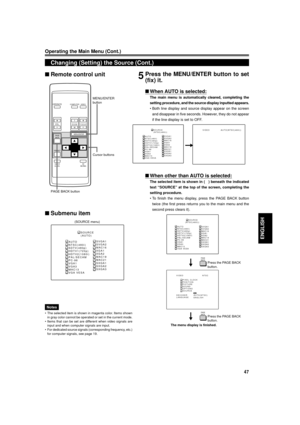 Page 4747
ENGLISH
OPERATE
VOL.
PAGE
BACK
PRESET
ZOOMFOCUS
COMPUTERVIDEO
QUICK
ALIGN.AV
MUTING
WT
MENU/ENTER
MENU/ENTER
button
Cursor buttons
PAGE BACK button
Operating the Main Menu (Cont.)
Changing (Setting) the Source (Cont.)
5Press the MENU/ENTER button to set
(fix) it.
nWhen AUTO is selected:
The main menu is automatically cleared, completing the
setting procedure, and the source display inputted appears.
¥ Both line display and source display appear on the screen
and disappear in five seconds. However,...