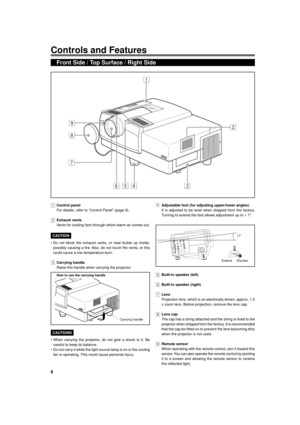 Page 66
Controls and Features
Front Side / Top Surface / Right Side
STAND BY
OPERATE
LAMP
TEMP
EMERGENCY
VIDEO
COMPUTER
SETTING
QUICK
ALIGN
-2+3
91
8
7
6
52
3 4
1Control panel
For details, refer to ÒControl PanelÓ (page 9).
2Exhaust vents
Vents for cooling fans through which warm air comes out.
CAUTION
¥ Do not block the exhaust vents, or heat builds up inside,
possibly causing a fire. Also, do not touch the vents, or this
could cause a low-temperature burn.
3Carrying handle
Raise this handle when carrying the...