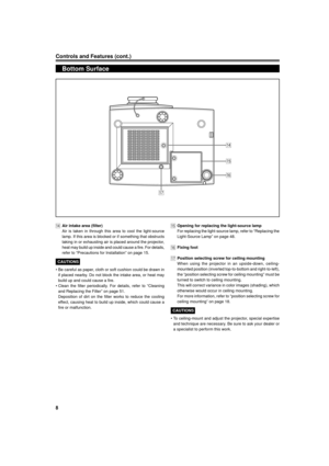 Page 88
Controls and Features (cont.)
Bottom Surface
rAir intake area (filter)
Air is taken in through this area to cool the light-source
lamp. If this area is blocked or if something that obstructs
taking in or exhausting air is placed around the projector,
heat may build up inside and could cause a fire. For details,
refer to ÒPrecautions for InstallationÓ on page 15.
CAUTIONS
¥ Be careful as paper, cloth or soft cushion could be drawn in
if placed nearby. Do not block the intake area, or heat may
build up...