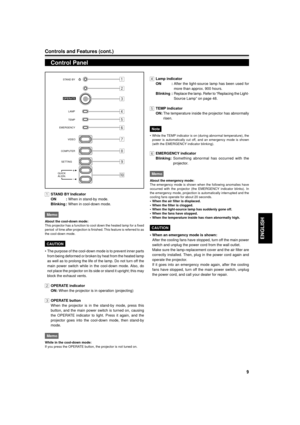 Page 99
ENGLISH
Controls and Features (cont.)
Control Panel
1STAND BY Indicator
ON :When in stand-by mode.
Blinking :When in cool-down mode.
Memo
About the cool-down mode:
This projector has a function to cool down the heated lamp for a fixed
period  of time after projection is finished. This feature is referred to as
the cool-down mode.
CAUTION
¥ The purpose of the cool-down mode is to prevent inner parts
from being deformed or broken by heat from the heated lamp
as well as to prolong the life of the lamp. Do...