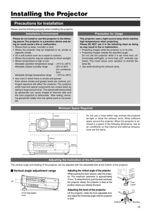 Page 1515
Precautions for Installation
Installing the Projector
Please read the following properly when installing the projector.
Installation Environment
Please do not install or use this projector in the follow-
ing places. The projector is a precision device and do-
ing so could cause a fire or malfunction.
•Where there is water, humidity or dust.
•Where the projector may be subjected to oil, smoke or
cigarette smoke.
•On a soft surface such as a carpet or cushion.
•Where the projector may be subjected to...