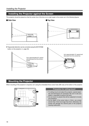 Page 1616
Installing the Projector against the Screen
Installing the Projector
The projector should be placed so that the center line of the lens is at a right angle to the screen as in the following figures.
 Side View Top View
●Trapezoidal-distortion can be corrected using the KEYSTONE
button on the projector. (
☞ page 30)
Up to approximately 30° upward
and downward from the horizon-
tal line.Up to approximately 10° upward and
downward from the vertical line.
Mounting the Projector
When mounting of the...