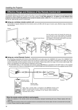 Page 1818
QUICK ALIGN. PCVIDEOVOLUME
PRESET
HIDE MENU
EXIT FREEZE
O
P
E
R
A
T
EV-KEYSTONEH-KEYSTONES
C
R
E
E
NDIGITAL
ZOOMFOCUSW
S
E
N
T
E
R
Screen
ProjectorProjector
Remote Control
UnitRemote Control Sensor
(rear)
20˚
20˚30˚
A
B
30˚
QUI
CK A
LIGN. P
CV
IDEOV
O
L
U
M
EPRESE
T
HIDE MENU
EXIT FREEZEOPERATEV
-
K
E
Y
S
T
O
N
EH
-
K
E
Y
S
T
O
N
ESCREENDIGITAL
ZOOMFOCUSW
SENTER
30˚
20˚
20˚
30˚
Aim the remote control unit towards the remote sen-
sor on the front or rear of the projector. The operable 
distance of the...