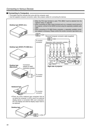 Page 2222
RPR/CRGYBPB/CSVDVIH/CS
PC1PC3PC2
AUDIO INREMOTEDC OUT
5V }1.5ARS-232C OUT RS-232C IN Y/C VIDEOCONTROLVIDEO IN
To monitor 
connectorPersonal Computer connector cable (supplied)
Right side of projector Desktop type (DOS/V, PC-9800 etc.) Desktop type (DOS/V, etc.)
Desktop type 
(Macintosh)
Notebook Type
Desktop typeTo  PC1 To DVI
To  PC2
To monitor 
connector
Conversion 
adapter for MAC 
(separately available)
To monitor 
connectorSeparated cable 
(separately available)
❈There are some notebook type...