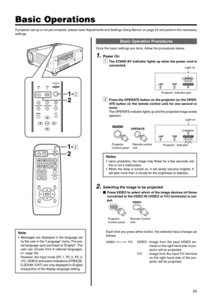 Page 2525
MENU
V-KEYSTONEPC LAMP
H-KEYSTONE VOL.
EXIT
ENTER
VIDEO
TEMPSTAND BYOPERATE
1-2
2
QUICK ALIGN. PC VIDEOVOLUME
PRESET HIDE
ENTER
MENU EXITFREEZE
OPERATE
V-KEYSTONEH-KEYSTONESCREENDIGITAL
ZOOM
FOCUS
W
S
1-2
2
LAMP TEMPSTAND BYOPERATE
Light on
  Projector: Indicator part
LAMP TEMPSTAND BYOPERATE
Light on
OPERATEOPERATE
Projector: 
Control panelRemote control 
unitProjector : Indicator
Basic Operations
Note
•Messages are displayed in the language set
by the user in the “Language” menu. The pre-
set...