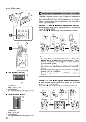 Page 3030
MENU
V-KEYSTONEPC
H-KEYSTONE VOL.
EXIT
VIDEO
QUICK ALIGN. PC VIDEOVOLUME
PRESET HIDE
ENTER
MENU EXITFREEZE
OPERATE
V-KEYSTONEH-KEYSTONESCREENDIGITAL
ZOOM
FOCUS
W
S
V-KEYSTONEV-KEYSTONE
Projector: 
Control PanelRemote Control 
UnitProjector: 
Control PanelRemote Control 
Unit
V-KEYSTONEV-KEYSTONE
H-KEYSTONEH-KEYSTONEH-KEYSTONEH-KEYSTONE
Projector: 
Control PanelRemote Control 
UnitProjector: 
Control PanelRemote Control 
Unit
 “Vert. Keystone” Display
1Adjusted value
range:  - 100 ~ 0 ~100
2Level...