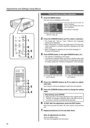 Page 3636
QUICK ALIGN. PC VIDEOVOLUME
PRESET HIDE
ENTER
MENU EXITFREEZE
OPERATE
V-KEYSTONEH-KEYSTONESCREENDIGITAL
ZOOM
FOCUS
W
S
MENU
V-KEYSTONEPC LAMP
H-KEYSTONE VOL.MENU
EXIT
ENTER
VIDEO
TEMPSTAND BYOPERATE
2, 4 3, 5 6 1
5
1
6
2, 4 3, 5
5
A
12
12
1 12
12
ENTERENTER
Image adj.
Set up
Logo
Options
Language
InformationContrast     
Brightness     
Color     
Tint     
Sharpness     
Color temp.     
Reset     
A
12
12
1 12
ENTERENTER
Image adj.
Set up
Logo
Options
Language
InformationContrast     
Brightness...