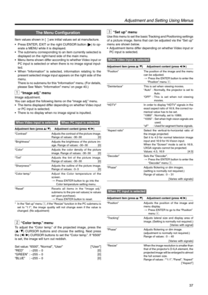 Page 3737
Adjustment and Setting Using Menus
3“Set up” menu
Use this menu to set the basic Tracking and Positioning settings
of a picture image. Items that can be adjusted via the “Set up”
menu are shown below.
•Adjustment items differ depending on whether Video input or
PC input is selected.
When Video input is selected
Adjustment item (press/)Adjustment content (press/)
“Position” The position of the image and the menu
can be adjusted.
[ Press the ENTER button to enter the
     “Position” menu 4....