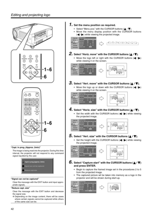 Page 4242
MENU
V-KEYSTONE H-KEYSTONE VOL.
EXIT
ENTER1~6
6
QUICK ALIGN. PC VIDEOVOLUME
PRESET HIDE
ENTER
MENU EXITFREEZE
OPERATE
V-KEYSTONEH-KEYSTONESCREENDIGITAL
ZOOM
FOCUS
W
S
1~6
6
´
´ ´ ´ ´ ´ ´´
Image adj.
Set up
Logo
Options
Language
Information
AENTERENTER
(-) (+)12(-) (+)12
GBR
Capture menu     
Menu pos.     
Horiz.move     
Vert.move     
Horiz.size     
Vert.size     
Capture start     
Image adj.
Set up
Logo
Options
Language
Information
AENTERENTER
(-) (+)12(-) (+)12
GBR
Capture menu     
Menu pos....